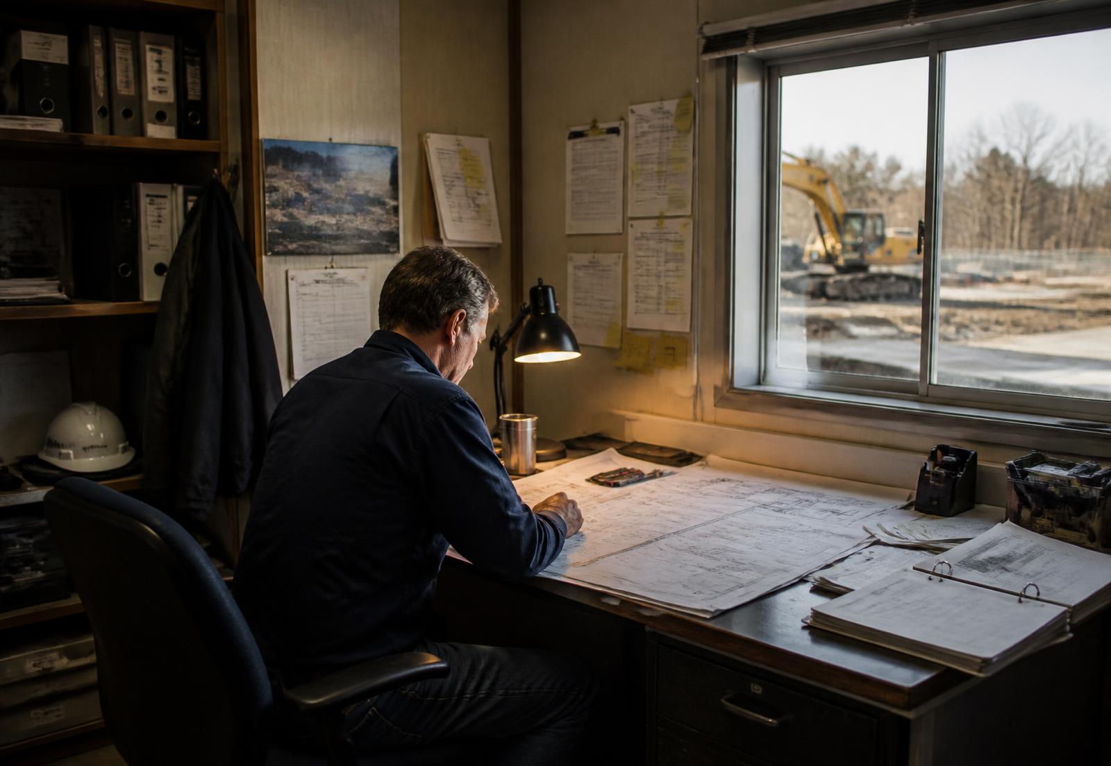 Project manager reviewing drawings in a construction site trailer